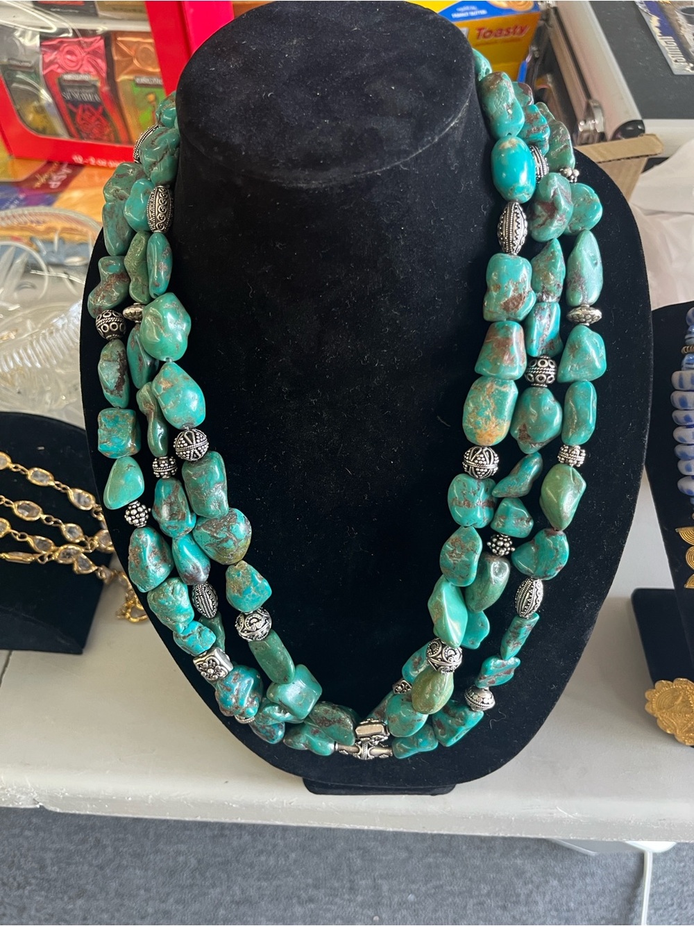Multi-Strand Turquoise Stone Necklace with Silver